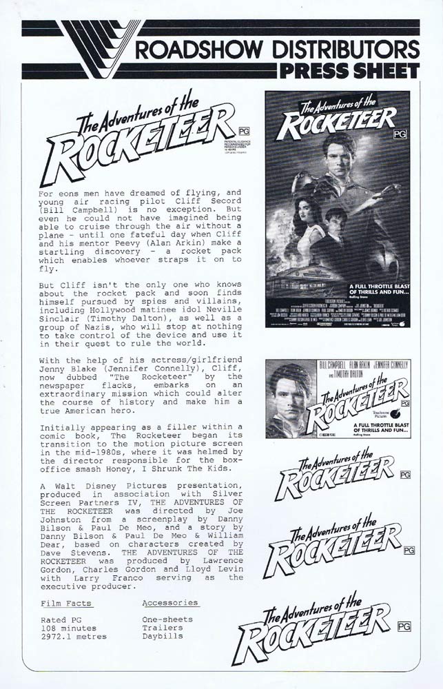 THE ROCKETEER Rare AUSTRALIAN Movie Press Sheet Bill Campbell Alan Arkin