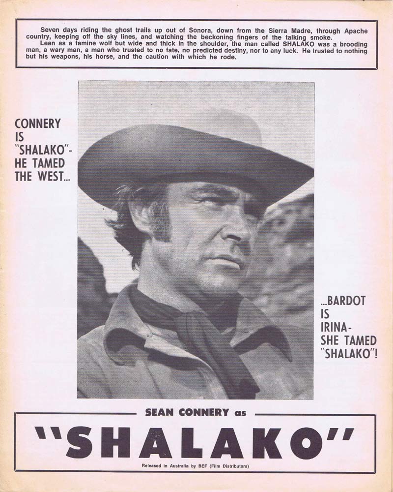 SHALAKO Rare AUSTRALIAN Movie Press Sheet Sean Connery Brigitte Bardot