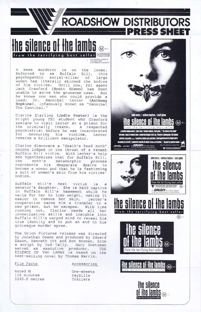THE SILENCE OF THE LAMBS Rare AUSTRALIAN Movie Press Sheet Jodie Foster Anthony Hopkins
