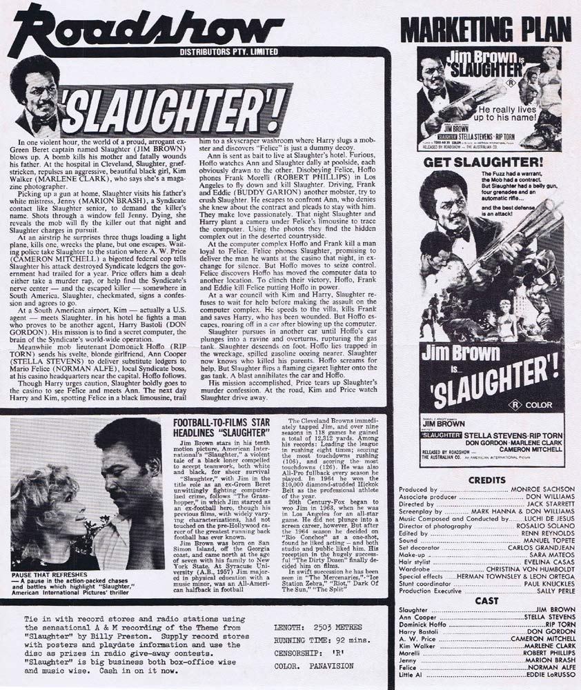 SLAUGHTER Rare AUSTRALIAN Movie Press Sheet Jim Brown