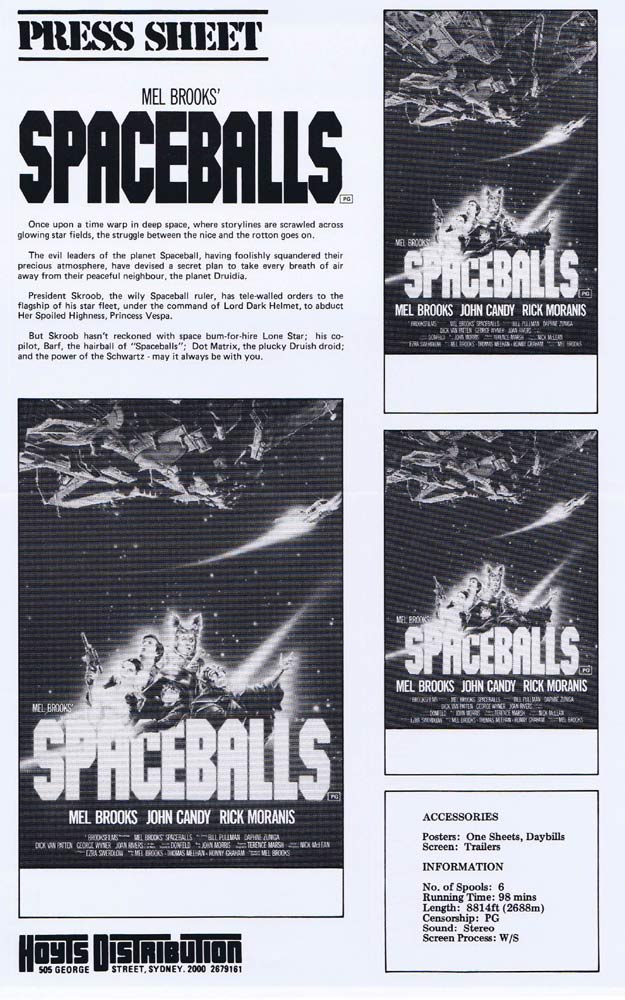 SPACEBALLS Rare AUSTRALIAN Movie Press Sheet Mel Brooks John Candy