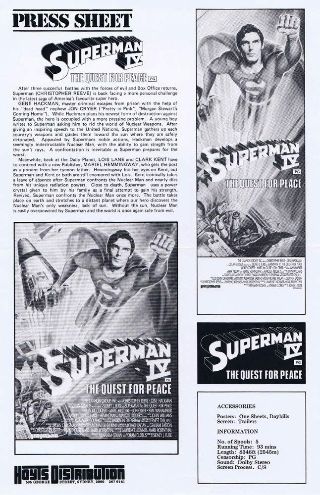 SUPERMAN IV Rare AUSTRALIAN Movie Press Sheet Christopher Reeve