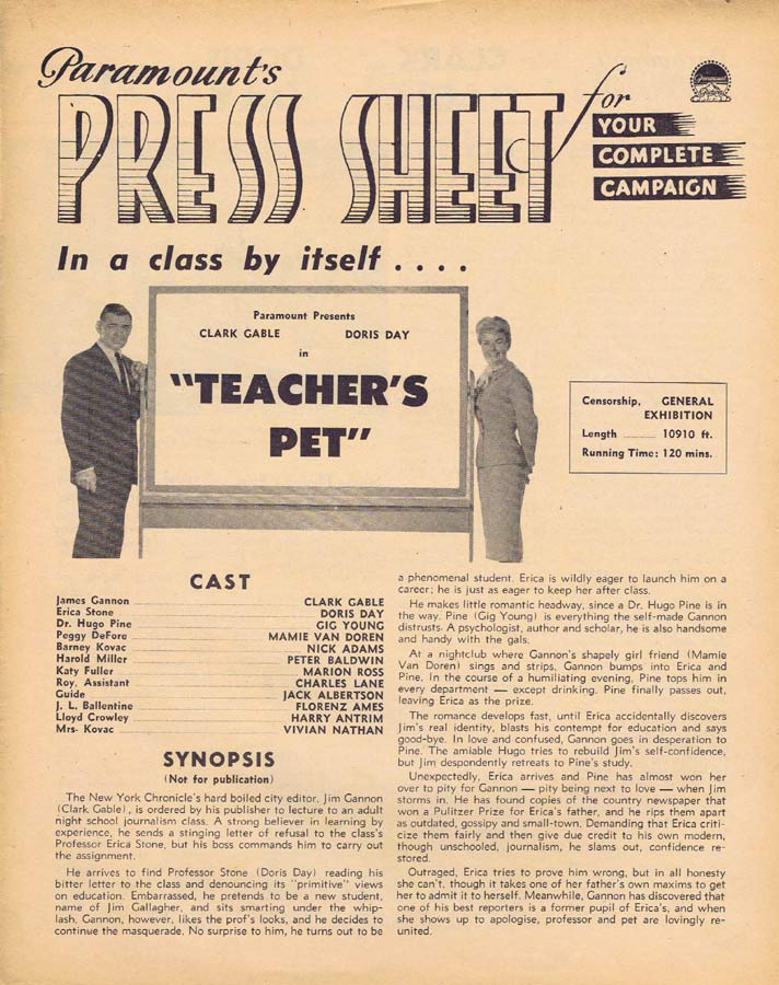 TEACHERS PET Rare AUSTRALIAN Movie Press Sheet Clark Gable Doris Day