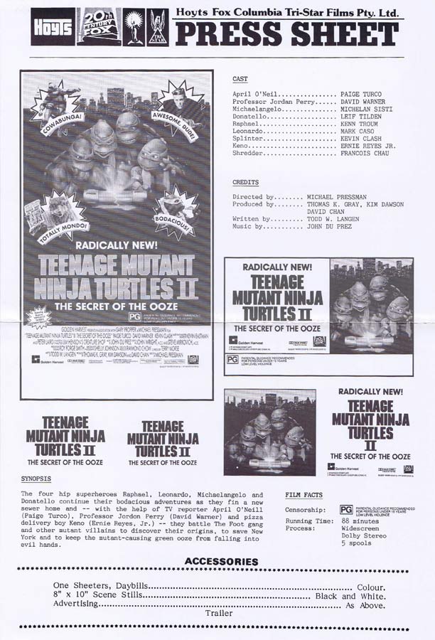 TEENAGE MUTANT NINJA TURTLES II Rare AUSTRALIAN Movie Press Sheet