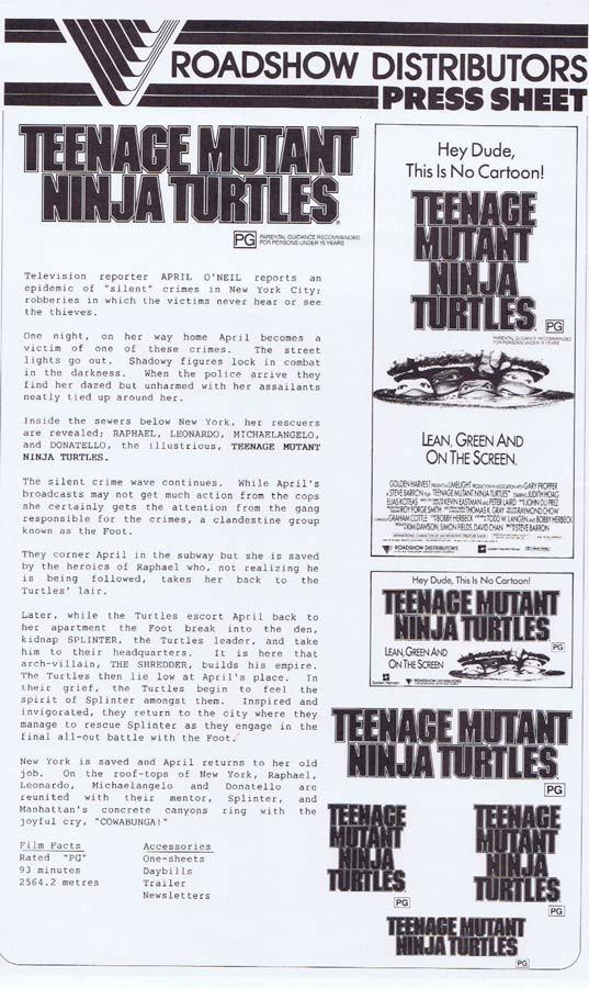 TEENAGE MUTANT NINJA TURTLES Rare AUSTRALIAN Movie Press Sheet