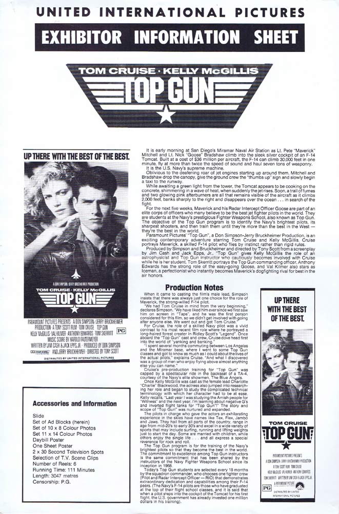 TOP GUN Rare AUSTRALIAN Movie Press Sheet Tom Cruise Kelly McGillis