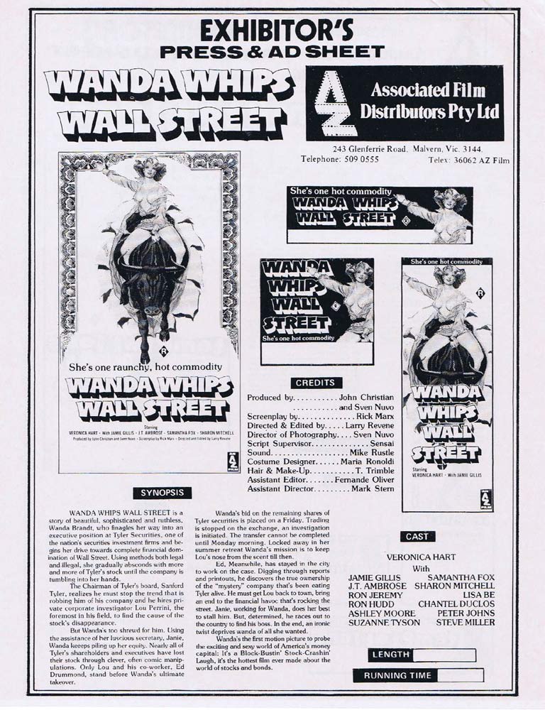 WANDA WHIPS WALL STREET Rare AUSTRALIAN Movie Press Sheet Veronica Hart