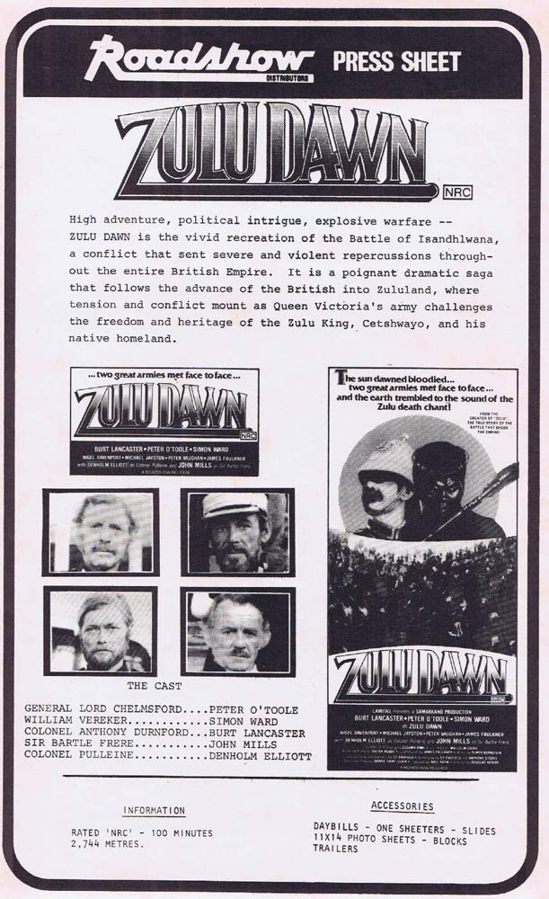 ZULU DAWN Rare AUSTRALIAN Movie Press Sheet Peter O’Toole Burt Lancaster