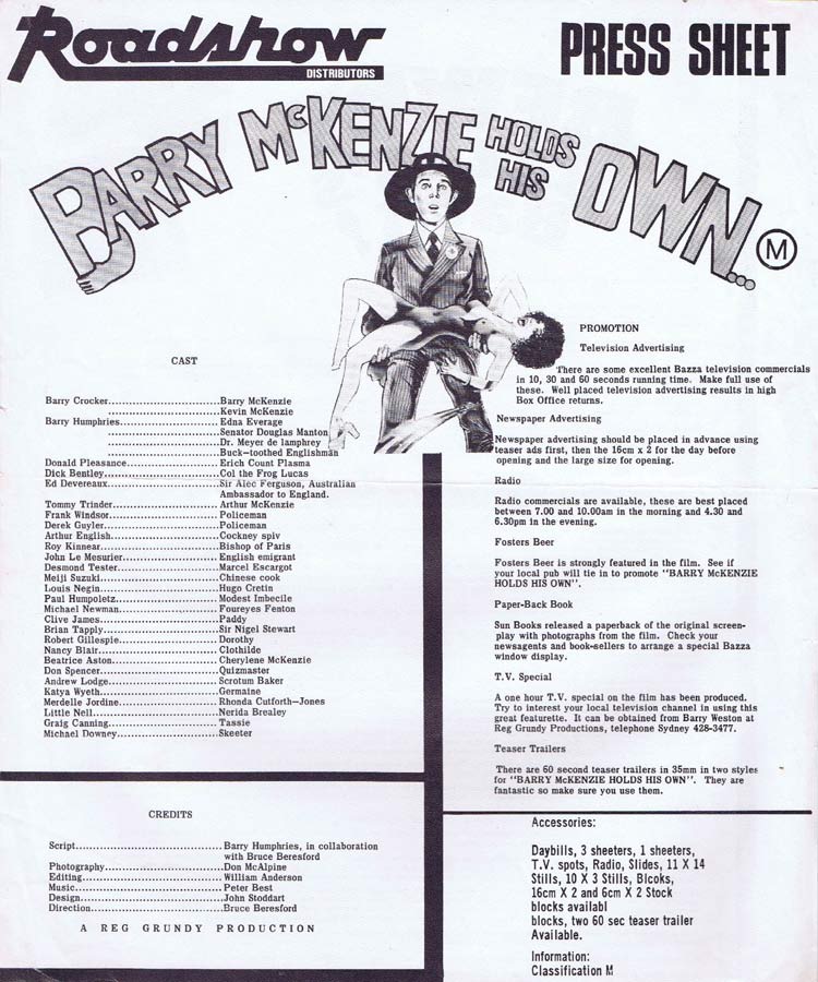 BARRY McKENZIE HOLDS HIS OWN Rare AUSTRALIAN Movie Press Sheet