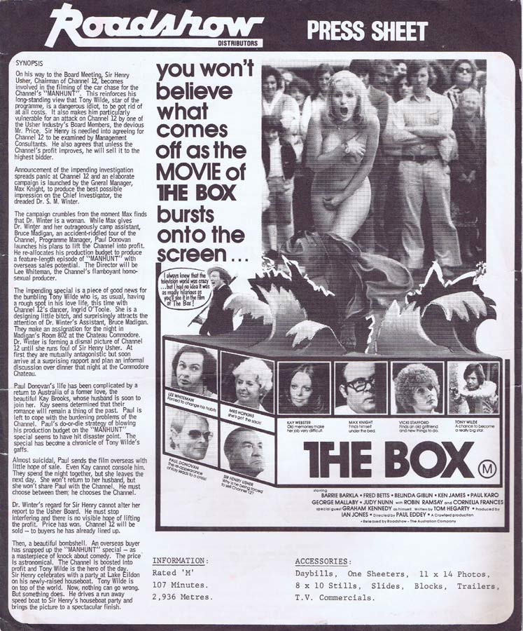 THE BOX Rare AUSTRALIAN Movie Press Sheet Belinda Giblin Ken James
