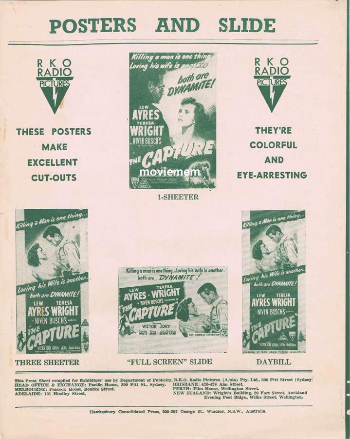 THE CAPTURE Rare RKO AUSTRALIAN Movie Press Sheet