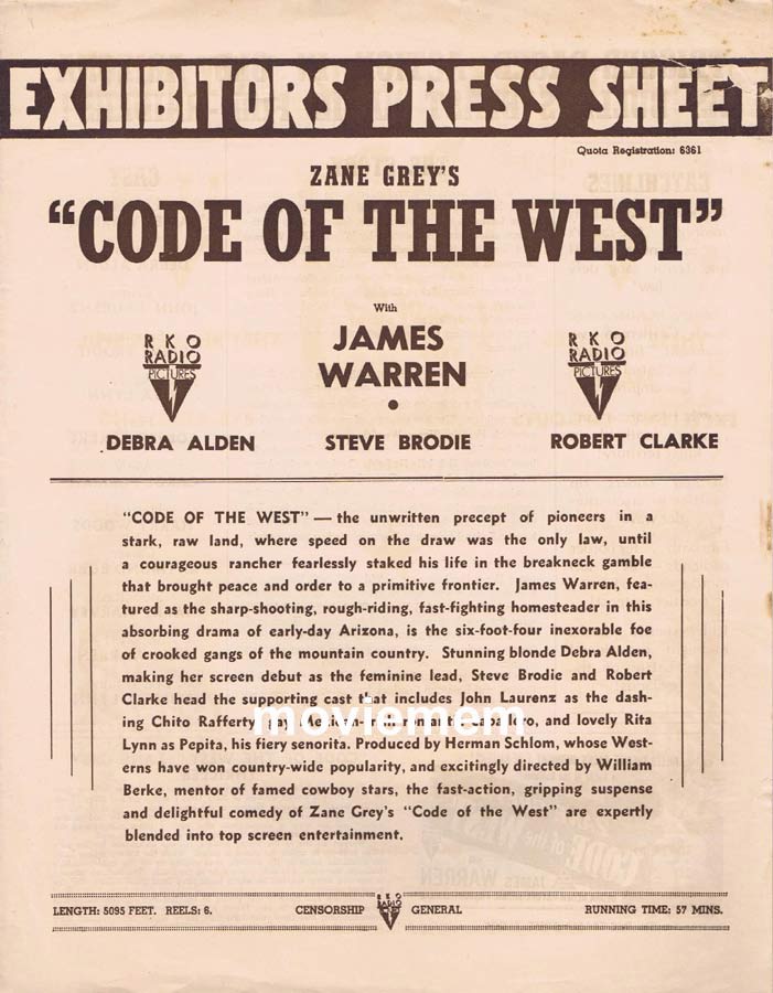 CODE OF THE WEST Rare RKO AUSTRALIAN Movie Press Sheet 1947 James Warren
