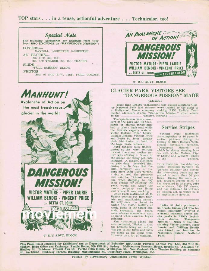DANGEROUS MISSION Rare RKO AUSTRALIAN Movie Press Sheet
