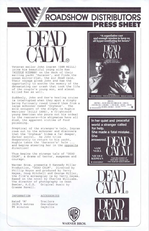 DEAD CALM Rare AUSTRALIAN Movie Press Sheet Sam Neill Nicole Kidman