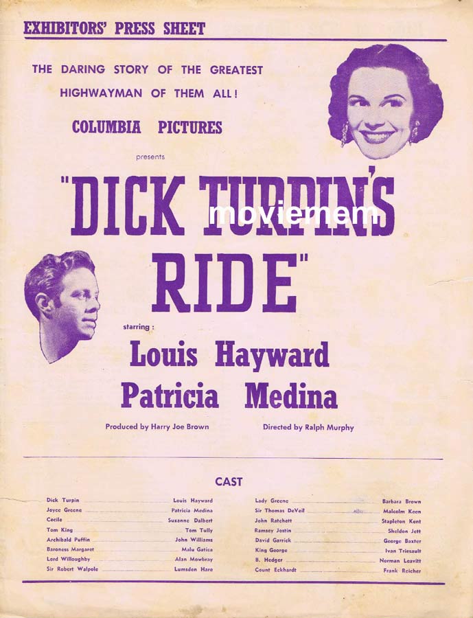 DICK TURPINS RIDE Rare Columbia AUSTRALIAN Movie Press Sheet