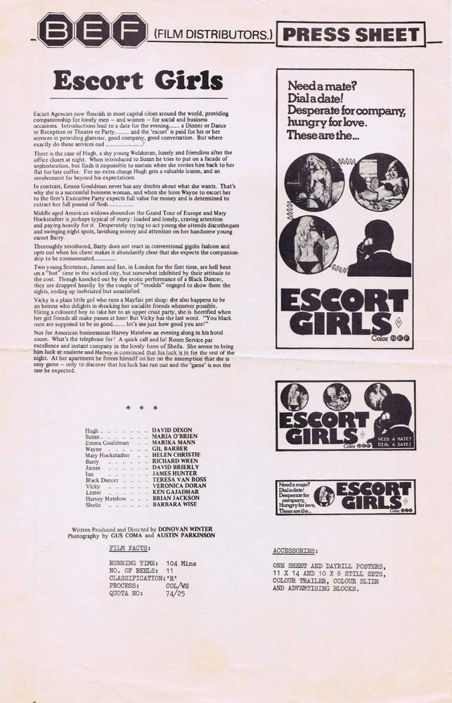 ESCORT GIRLS Rare AUSTRALIAN Movie Press Sheet Donovan Winter
