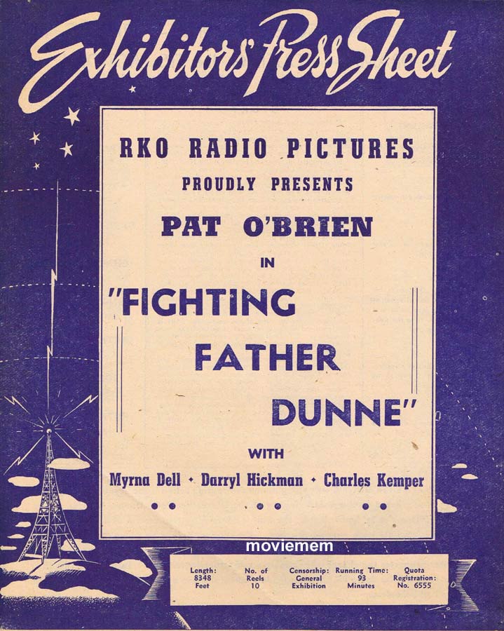 FIGHTING FATHER DUNNE Rare RKO AUSTRALIAN Movie Press Sheet Pat O’Brien