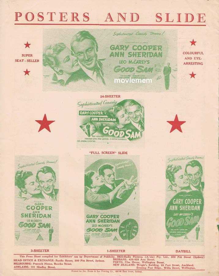 GOOD SAM Rare RKO AUSTRALIAN Movie Press Sheet Ann Sheridan Gary Cooper
