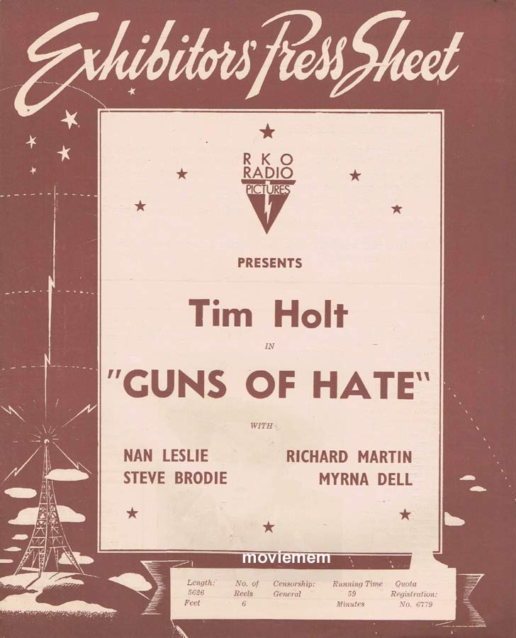 GUNS OF HATE Rare RKO AUSTRALIAN Movie Press Sheet