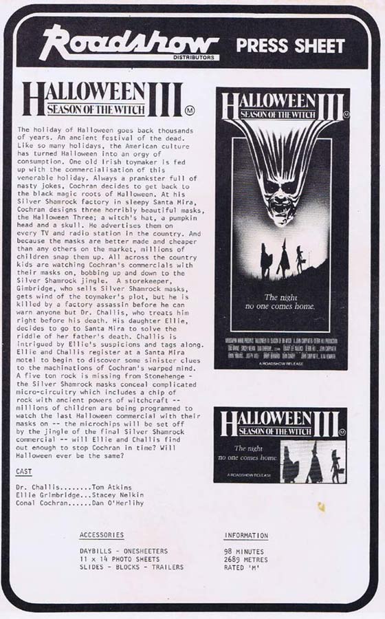 HALLOWEEN III Rare AUSTRALIAN Movie Press Sheet Tom Atkins