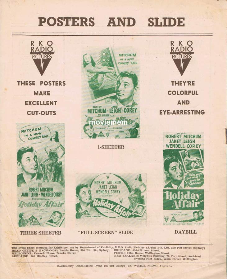 HOLIDAY AFFAIR Rare RKO AUSTRALIAN Movie Press Sheet Janet Leigh Robert Mitchum
