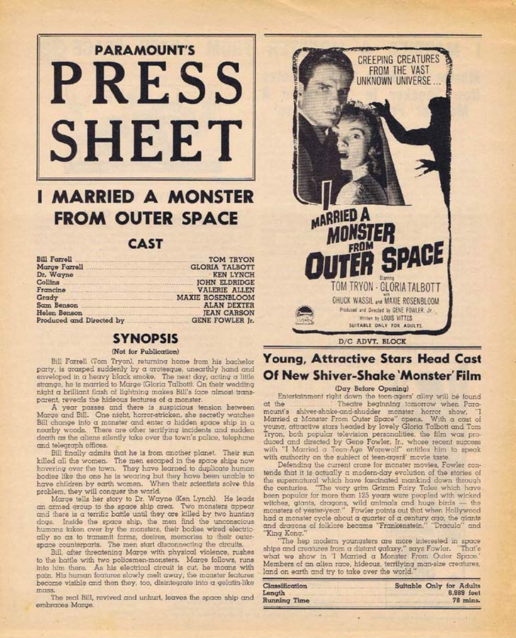 I MARRIED A MONSTER FROM OUTER SPACE Rare AUSTRALIAN Movie Press Sheet