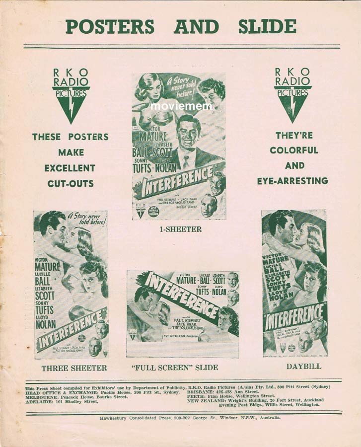 INTERFERENCE Rare RKO AUSTRALIAN Movie Press Sheet Victor Mature Lucille Ball