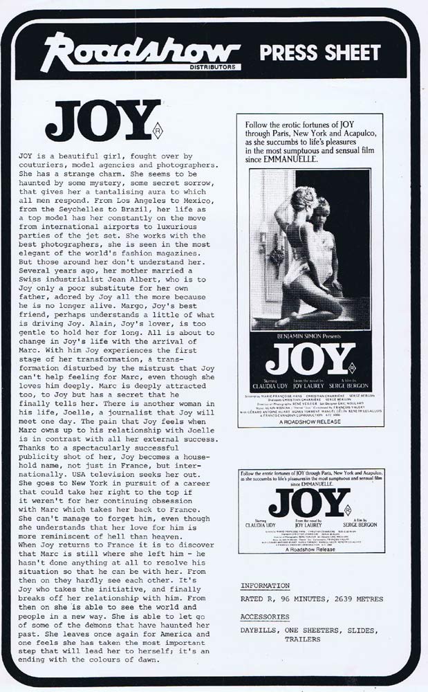 JOY Rare AUSTRALIAN Movie Press Sheet Claudia Udy