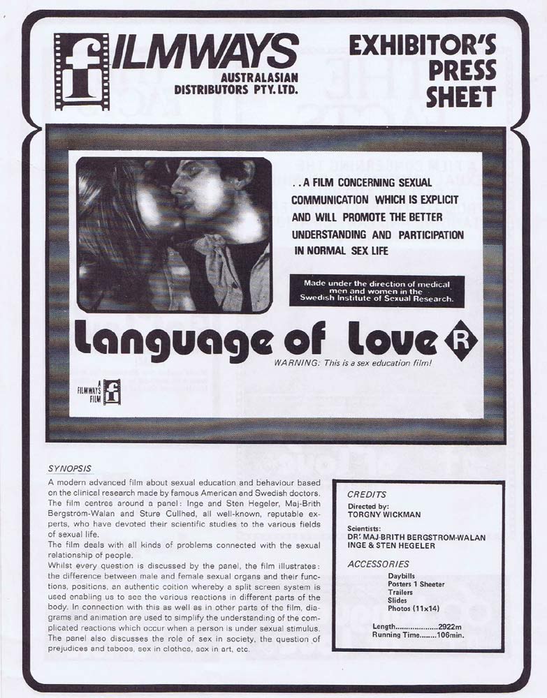 LANGUAGE OF LOVE Rare AUSTRALIAN Movie Press Sheet