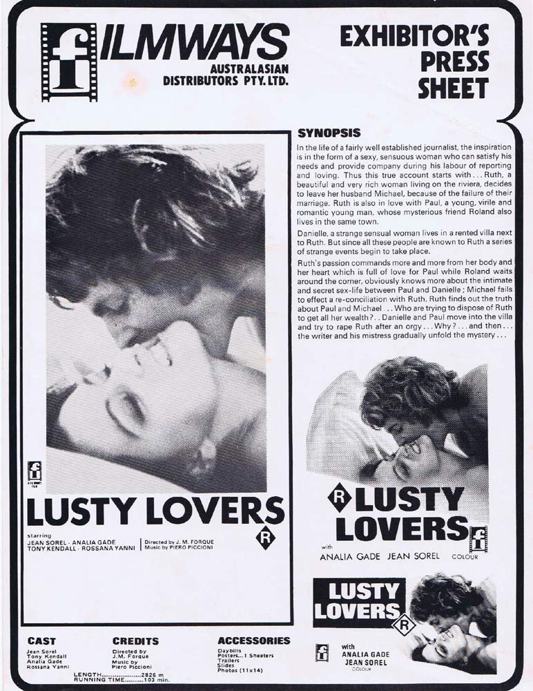 LUSTY LOVERS Rare AUSTRALIAN Movie Press Sheet Jean Sorel Analia Gade