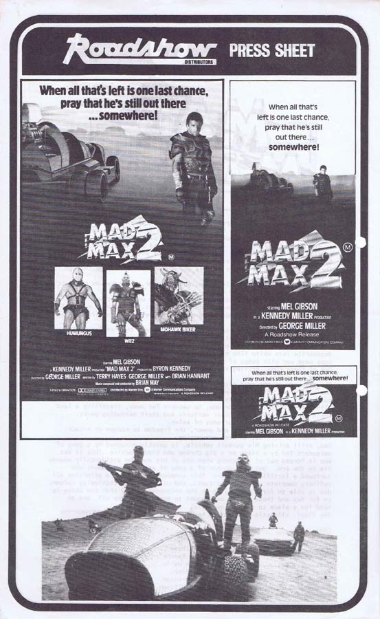 MAD MAX 2 Rare AUSTRALIAN Movie Press Sheet Mel Gibson Road Warrior