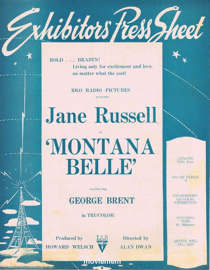 MONTANA BELLE Rare RKO AUSTRALIAN Movie Press Sheet Jane Russell