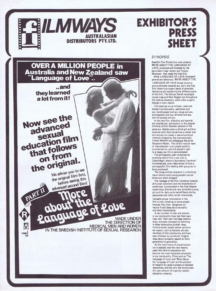 MORE ABOUT THE LANGUAGE OF LOVE Rare AUSTRALIAN Movie Press Sheet