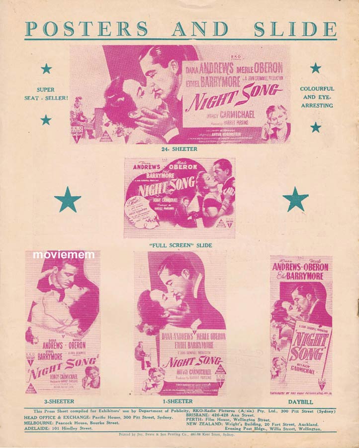 NIGHT SONG Rare RKO AUSTRALIAN Movie Press Sheet Dana Andrews Merle Oberon