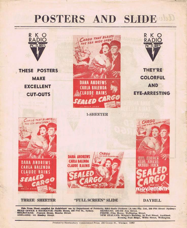 SEALED CARGO Rare RKO AUSTRALIAN Movie Press Sheet Dana Andrews Claude Rains