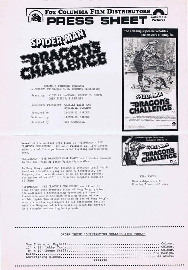 SPIDER-MAN THE DRAGONS CHALLENGE Rare AUSTRALIAN Movie Press Sheet