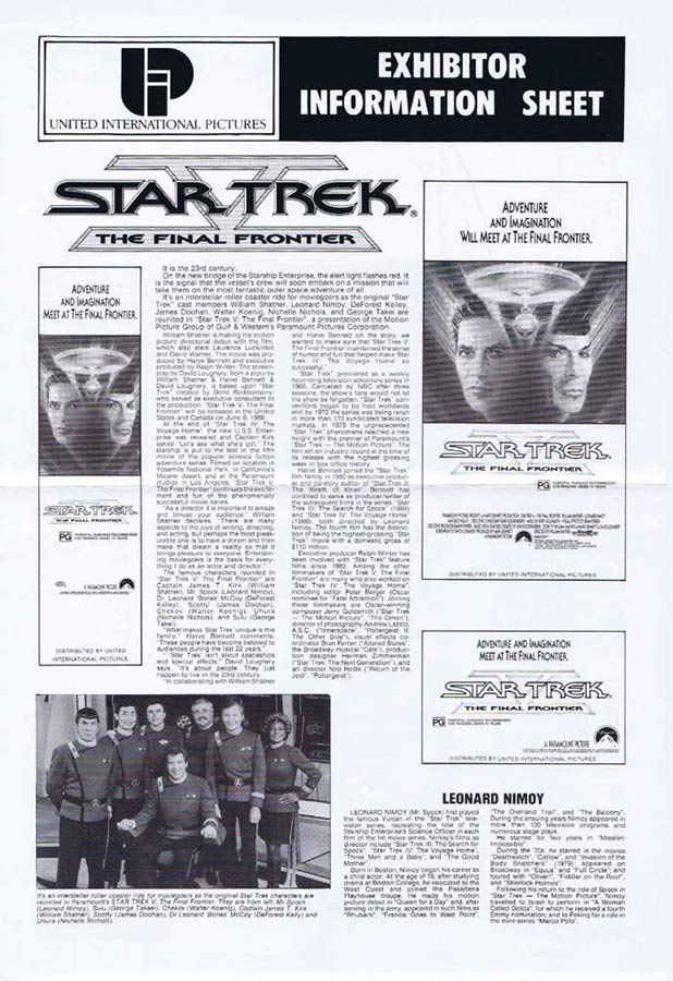 STAR TREK V THE FINAL FRONTIER Rare AUSTRALIAN Movie Press Sheet