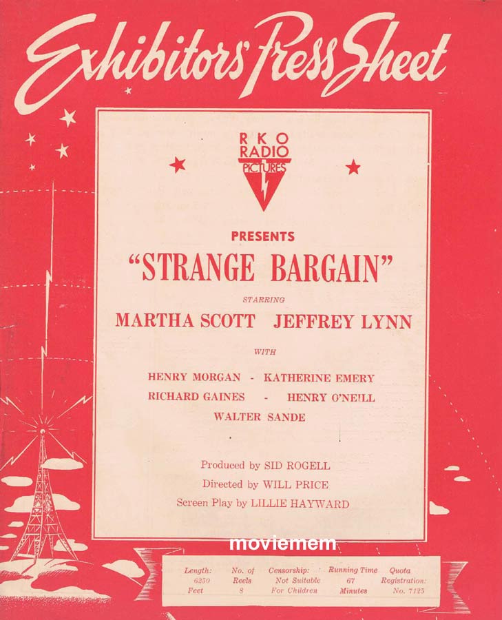 STRANGE BARGAIN Rare RKO AUSTRALIAN Movie Press Sheet Martha Scott Jeffrey Lynn