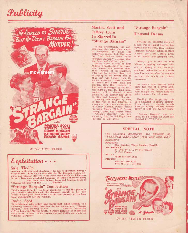 STRANGE BARGAIN Rare RKO AUSTRALIAN Movie Press Sheet Martha Scott Jeffrey Lynn