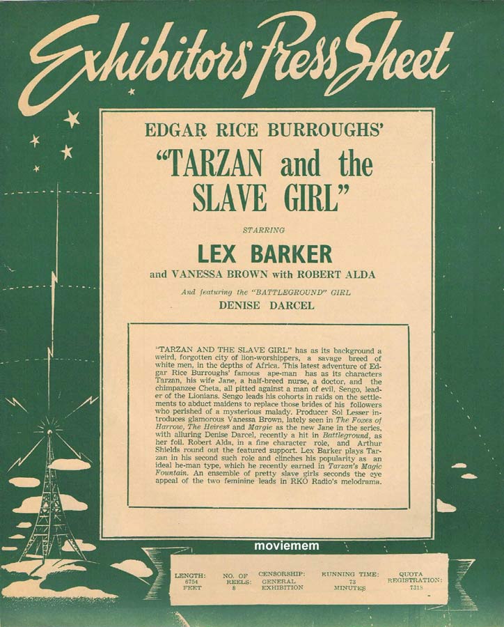 TARZAN AND THE SLAVE GIRL Rare RKO AUSTRALIAN Movie Press Sheet Lex Barker Vanessa Brown