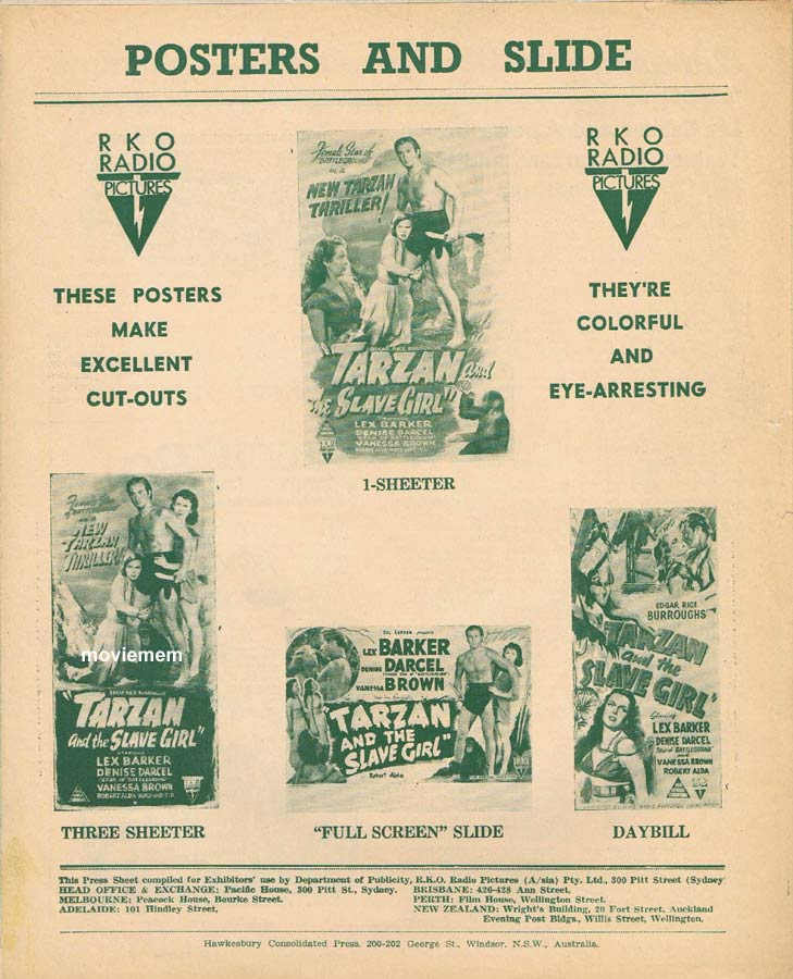 TARZAN AND THE SLAVE GIRL Rare RKO AUSTRALIAN Movie Press Sheet Lex Barker Vanessa Brown