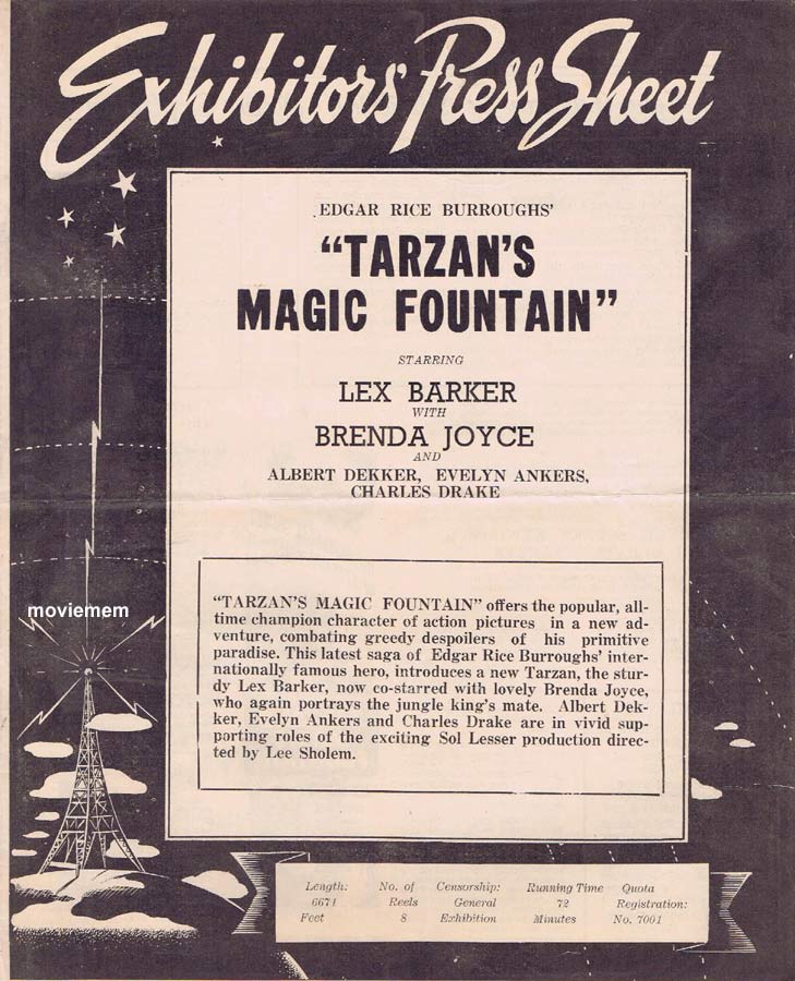 TARZAN’S MAGIC FOUNTAIN Rare RKO AUSTRALIAN Movie Press Sheet Lex Barker Brenda Joyce
