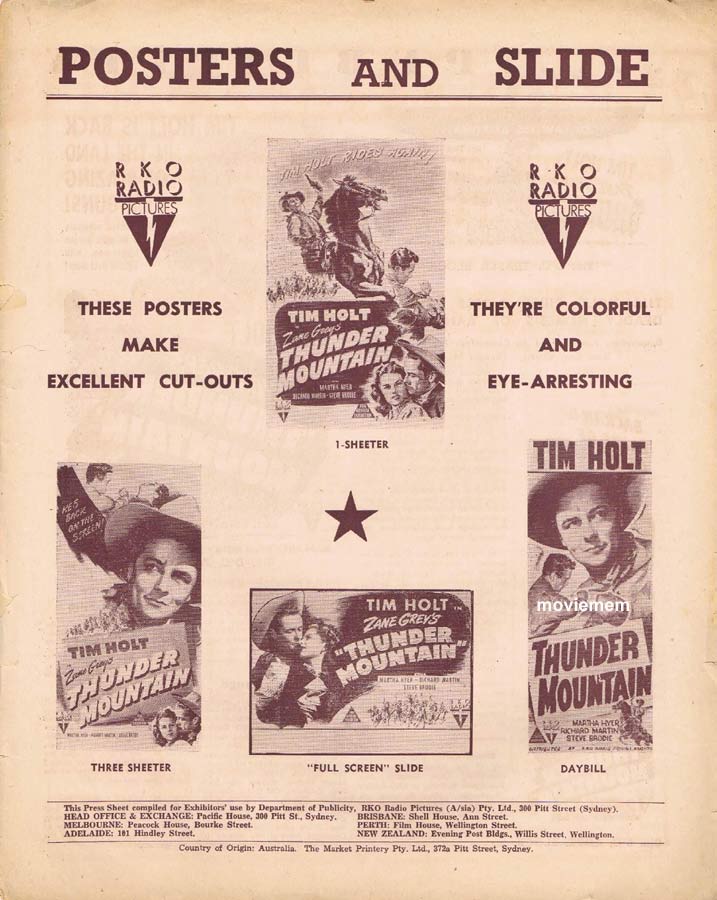 THUNDER MOUNTAIN Rare RKO AUSTRALIAN Movie Press Sheet Tim Holt Martha Hyer