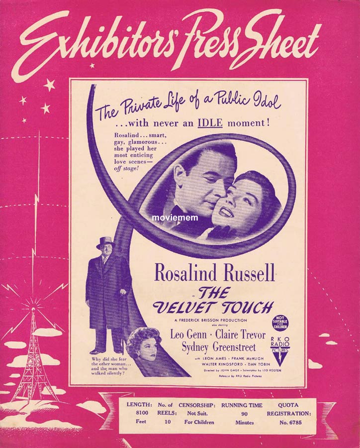 THE VELVET TOUCH Rare RKO AUSTRALIAN Movie Press Sheet Rosalind Russell Leon Ames
