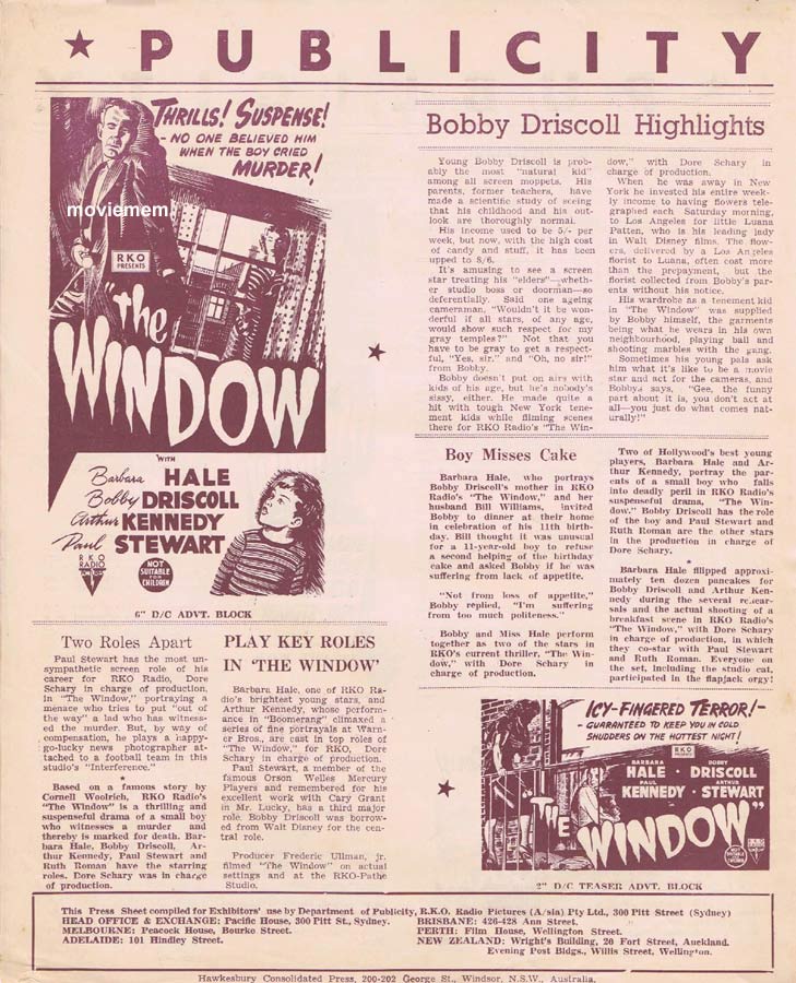 THE WINDOW Rare RKO AUSTRALIAN Movie Press Sheet Barbara Hale Arthur Kennedy