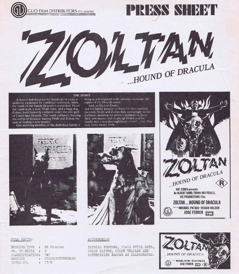ZOLTAN HOUND OF DRACULA Rare AUSTRALIAN Movie Press Sheet Michael Pataki
