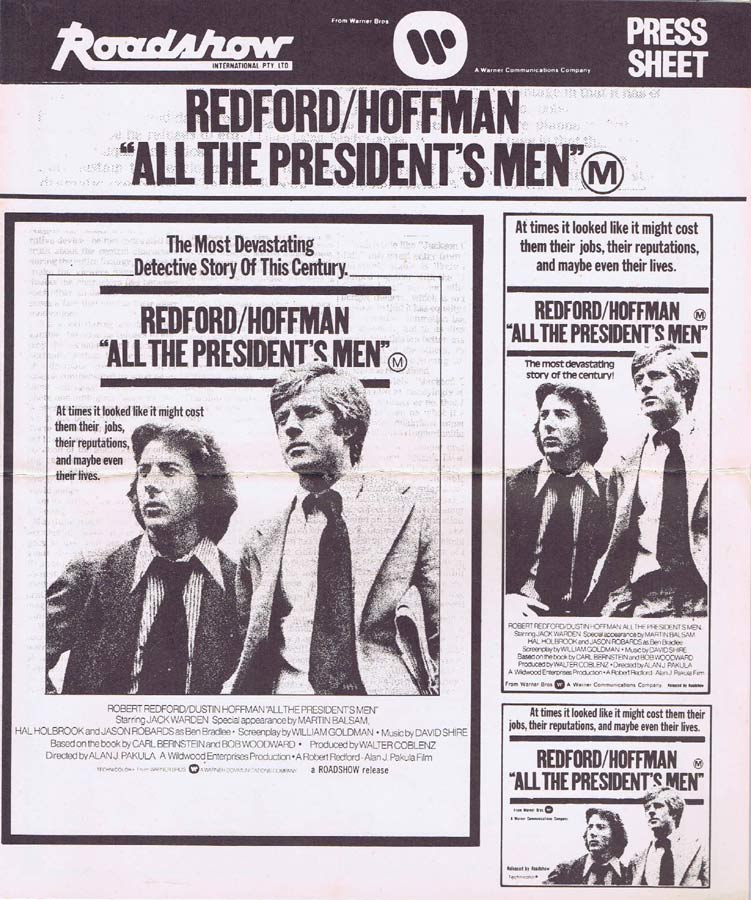 ALL THE PRESIDENTS MEN Rare AUSTRALIAN Movie Press Sheet Robert Redford Dustin Hoffman