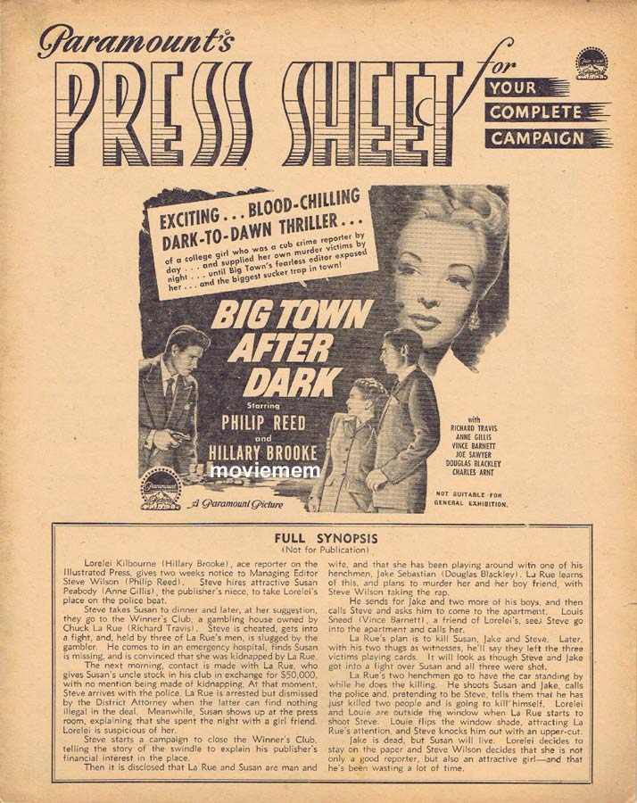 BIG TOWN AFTER DARK Rare AUSTRALIAN Movie Press Sheet Film Noir 1947
