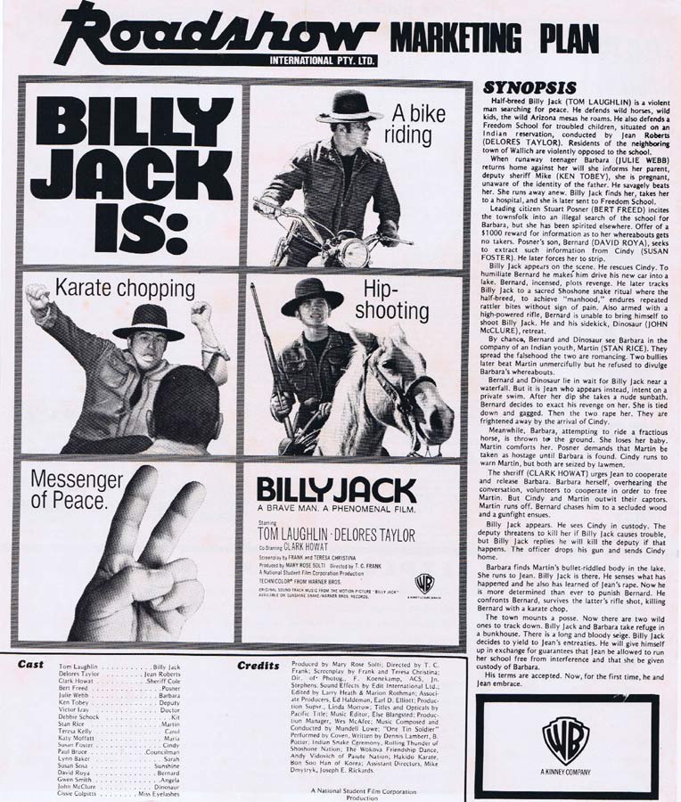 BILLY JACK Rare AUSTRALIAN Movie Press Sheet Tom Laughlin