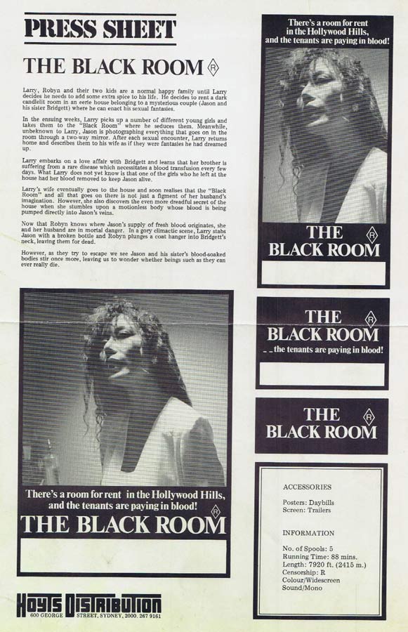 THE BLACK ROOM Rare AUSTRALIAN Movie Press Sheet Stephen Knight